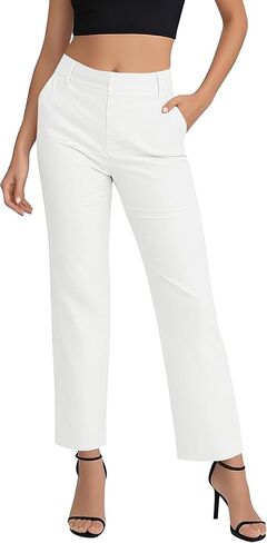 EXCHIC Women's Straight Leg Dress Pants Elastic Waist Zipper Closure Work Trousers with Pockets in Kuwait