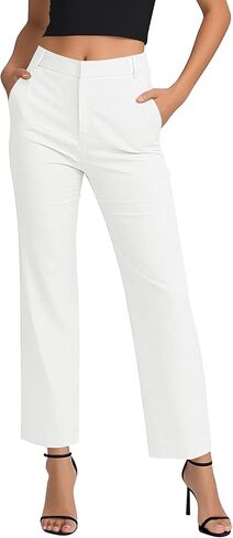 EXCHIC Women's Straight Leg Dress Pants Elastic Waist Zipper Closure Work Trousers with Pockets in Kuwait