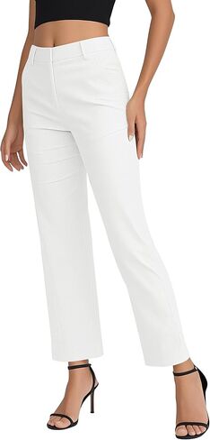 EXCHIC Women's Straight Leg Dress Pants Elastic Waist Zipper Closure Work Trousers with Pockets in Kuwait