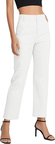 EXCHIC Women's Straight Leg Dress Pants Elastic Waist Zipper Closure Work Trousers with Pockets in Kuwait
