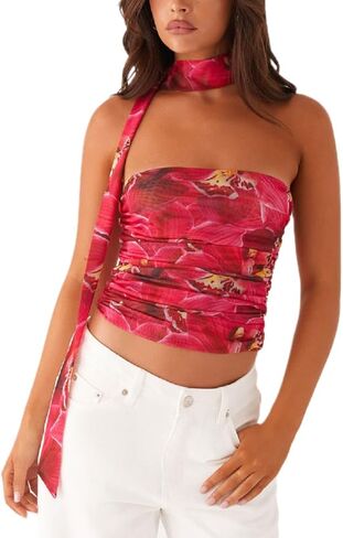 Women Leopard Tube Top Mesh Ruched Strapless Crop Top Sexy Cheetah Print Backless Bandeau Tank Top with Scarf in Kuwait