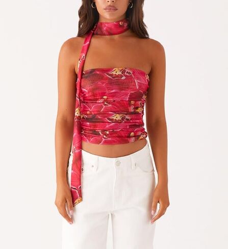 Women Leopard Tube Top Mesh Ruched Strapless Crop Top Sexy Cheetah Print Backless Bandeau Tank Top with Scarf in Kuwait