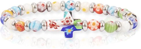 Nazareth Store Agate Colorful Flowers Beads Cross Bracelet Catholic Rosary Bangle Jerusalem Religious Christian Gifts for Boys Girls Jewelry for Women & Men in Saudi Arabia