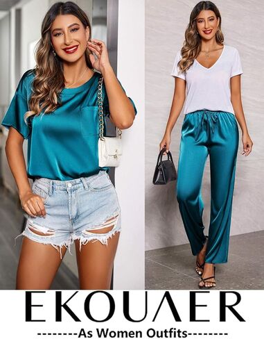 Ekouaer طقم بيجامة حريري من الساتان للنساء بأكمام قصيرة وقميص مع بنطلون بيجامة طويل وملابس نوم ناعمة من PJ in Kuwait
