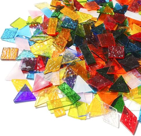 Lanyani 410 Large Transparent Stained Glass Mosaic Tiles, Vibrant Mixed Shapes for Art & Crafts, Cathedral Colorful Glass Pieces, 1.2 Pounds in Kuwait