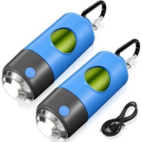 2 Rolls Rechargeable Dog Poop Bag Dispenser with USB Built-in LED Flashlight Dog Waste Bag Holders with Clips Pet Waste Sack Holders for Pet Walking Accessories, 15 Sacks for Each(Blue)