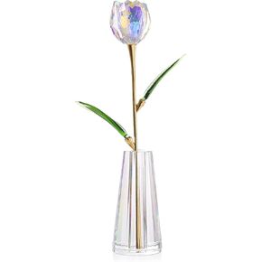 Crystal Tulip Flowers Figurine Collectible- Glass Flowers with Vase,Glass Flower Bouquet Paperweight,Gift for Anniversary Wedding Centerpiece Ornament（Pink）