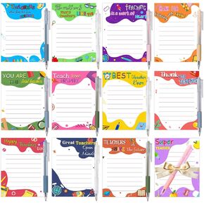 12 Set Teacher Appreciation Gifts Bulk,Teacher Appreciation Sticky Note with Pen and Ribbons,You're The Best Teacher Memo Notes Thank You Gift for Teacher's Day Gift Office School Classroom Supplies