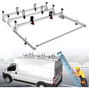 StarONE 57" Heavy Duty Steel Van Roof Rack,Van Ladder Rack with Rear Cargo Roller Fit for 2013-2023 Ram Promaster,White,3 Bars,750lbs
