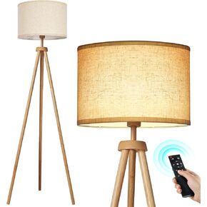 OUTON Wood Tripod Floor Lamp with Shelves, Mid Century Floor Lamp with Remote Control,4 Color Temperature, LED Modern Dimmable Standing Lamp with Beige Linen Shade for Living Room, Bedroom, Office