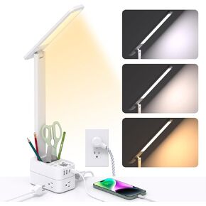 Addtam LED Desk Lamp with Pen Holder, Study Lamps with 3 Outlets 4 USB Charging Ports(2 USBC), 3 Color Modes Desk Light Touch Lamp, Small Desk Lamps for Home Office College Dorm Room Essentials
