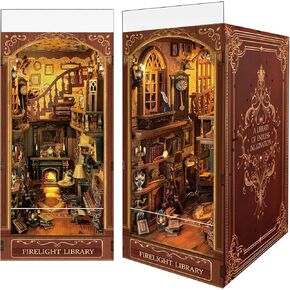 كتاب مكتبة Firelight Nook ، DIY Miniature House Puzzle لديكور المنزل السحري ، ديكور رف الكتب ثلاثي الأبعاد للبالغين والمراهقين والمبتدئين