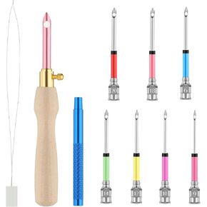 Oruola 10pcs Needle Punch, Stitch Master Punch Needle Set,Wooden Handle Punch Needle Embroidery with 8 Sizes Metals Needle Heads Punch Embroidery Kit for Adult Beginners Cross Stitch DIY Crafts