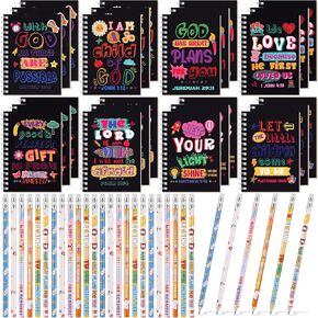CRTIIN 48 PCS تشمل 24 كتابًا من الكتاب المقدس Notepad 24 Pencils Kids Chistric Church Gifts Students Classroom Award Deely Inspirational Bible Pencils Journals Pocket Sunday School (White)