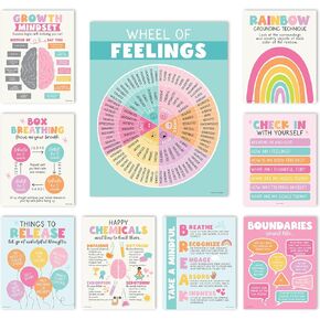 9 Mental Health Posters For Classroom - 11x14" School Counselor Office Decor, Power of Yet & Growth Mindset Poster, School Counseling Posters Elementary - Pastel Classroom Decor
