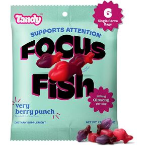 Tandy Focus Fish American Ginseng Gummies I Memory, Attention & Focus Gummies with Very Berry Punch Flavor I Gluten-Free Fast-Acting Dietary Brain Supplement Gummy I 6-Pack