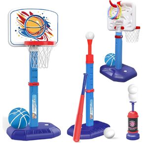 Fistone 4 in 1 Kids Basketball Hoop و T ball with with tomatical pitching machine - ارتفاع قابلة للتعديل في لعبة كرة السلة في كرة السلة.