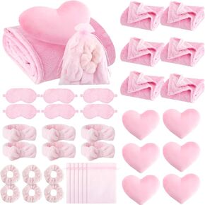 36 PCS Sleepover Party Supplies 6 Throw Blanket 6 SPA Headband 6 Heart Babyws 6 Scrunchies 6 Sleep Eye Mask 6 Bag Lughsa for Spa Slumber Party Suppors (Pink)