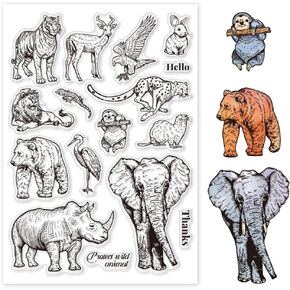 GLOBLELAND Realistic Tropical Animals Clear Stamps for DIY Scrapbooking Elephant Silicone Stamp Seals Lion Tiger Transparent Stamps for Cards Making Photo Album Journal Decoration 8.27×5.83inch