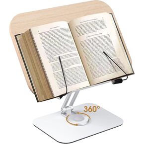 Honagu Book Stand for Reading ، حامل كتب مكتب قابل للتعديل ، مكتبات مكتبات متينة للوثائق والمجلات والكمبيوتر المحمول والوصفات والكتاب المدرسي وكتاب الطبخ ، مع مقاطع قاعدة دوارة 360 درجة مرنة (الخشب ، الألومنيوم)