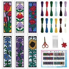 INFUNLY 6 Set Rose Window Cross Stitch Bookmark Kits for Beginners DIY Red Rose Embroidery Bookmark Kits with Instructions Flower Window Pre-Printed Bookmark Kit for Book Lovers Readers Women Gifts