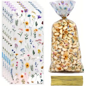 Wildflower Party Cellophane Goodie Bags 50Pcs Floral Candy Bag Clear Plastic Flower Butterfly Treat Bags with Ties for Gift Cookies Birthday Wedding Spring Summer Holiday Party Favor Supplies