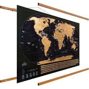 XL Scratch Off Map of the World مع إطار - 36 × 24 - من السهل تأطير خريطة عالم السفر + شماعات خشبية مصممة للمسافرين