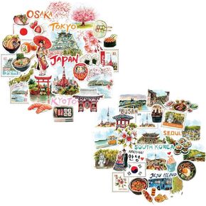 Imperial Japan and Scenic South Korea Travel Stickers Bundle (55pcs) - Watercolor Vacation Decals for Journals, Scrapbooks, Tumblers
