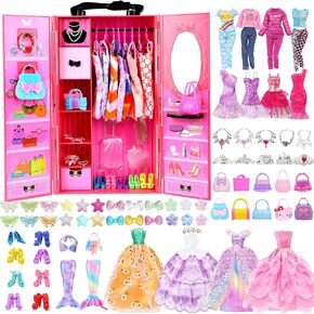Zntwei 98 PCS دمية الملابس والملحقات مع خزانة خزانة DIY Playset ل 11.5 بوصة دمية بما في ذلك فستان الزفاف فستان أزياء ملابس غير رسمية لأحذية السباحة.