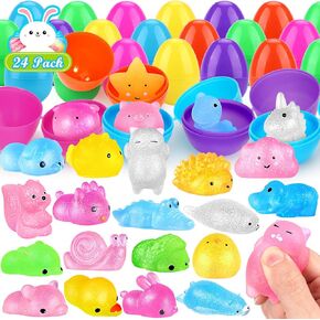 24 PCS Prected Easter Eggs مع ألعاب ، بيض عيد الفصح مع حيوانات ناعمة صغيرة بريق ، ألعاب تخفيف الإجهاد Mochi اسفنجي لأحشاد سلة عيد الفصح ، مطاردة بيض عيد الفصح ، لوازم جائزة الفصول الدراسية