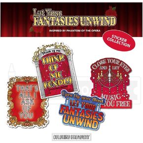 Phantom of the Opera 'Let Your Filtasies Unnoft' Collection - قم بتعيين 4 ملصقات تلوين برودواي مستوحاة من الفينيل الخالي من الفقاعات. (3 '× 3' 4) ، متعدد الألوان