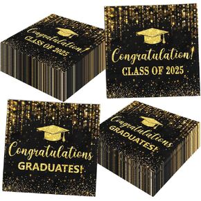 Graduation Napkins 2025, 50 Pcs Black and Gold Class of 2025 Napkins Disposable Paper Cocktail Napkins for College High School Graduation Party Decorations
