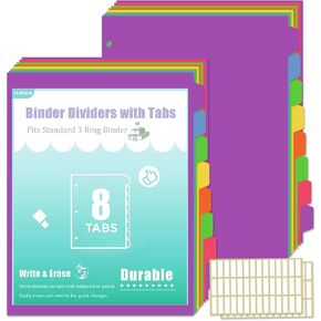 8-Tab Colorful 3-Ring Binder Dividers with Customizable Index Tabs - Durable Plastic Page Dividers for Letter Size (8.5x11), 126 Tabs in 3 Sets (Rainbow Colors)