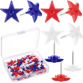 150 PCS 4th of July Push Pin Red White Blue Star Thumb Tack with Box Independence Day Plastic Plastic Head Veter