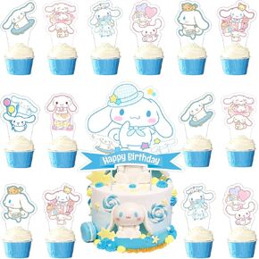 25 PCS Cinnamoroll Cake Topper و Cupcake Toppers مجموعة ، مستلزمات حفلات عيد ميلاد Cinnamoroll لزخارف الكيك ذات الطابع الكاواي