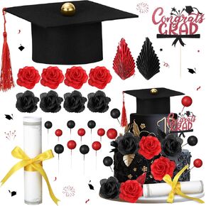 شملت طقم كعكة التخرج Feltuation Cap Diploma Classic Black Congrats Grad Cupcake Topcake Beads Leaf Flowers Cake Decorations for Class of 2025 Party (Blue and Gold)