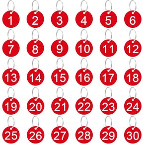 1-30 Plastic Number Tags, 30 Pcs Red Round Number Tags with Metal Rings 35mm Numbered Keychains Item Identifiers for Home Office and Garage Dormitory Keys House Lockers (Red)