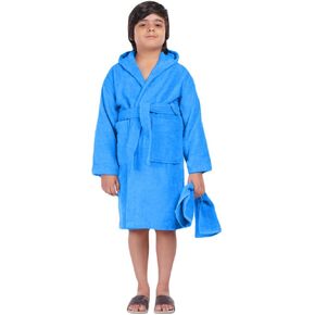 ALLEN & MATE Children 100% Cotton Hooded Bathrobe for Kids Boys Girls Soft Terry Towel Dressing Gown with Head Towel