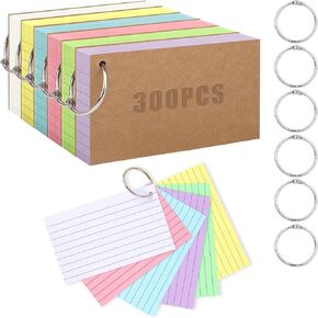بطاقات الفهرس الملونة مع الحلقة: محكم Cardstock 3 × 5 بوصات 300 PCS Color فارغة بطاقات وميض الدراسة المبطنة للمدرسة ، والكلية ، والتمريض ، واللوازم المكتبية