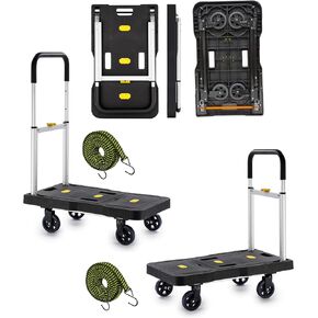 Folding Hand Truck, 2 Pack 150kg/330 Lbs Heavy Duty Luggage Cart, Portable Utility Dolly Platform Cart with Adjustable Handle for Luggage, Personal, Travel, Moving Shopping and Office Use
