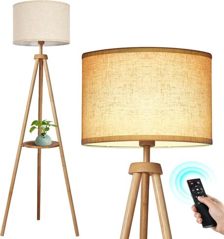 OUTON Wood Tripod Floor Lamp with Shelves, Mid Century Floor Lamp with Remote Control,4 Color Temperature, LED Modern Dimmable Standing Lamp with Beige Linen Shade for Living Room, Bedroom, Office in Saudi Arabia