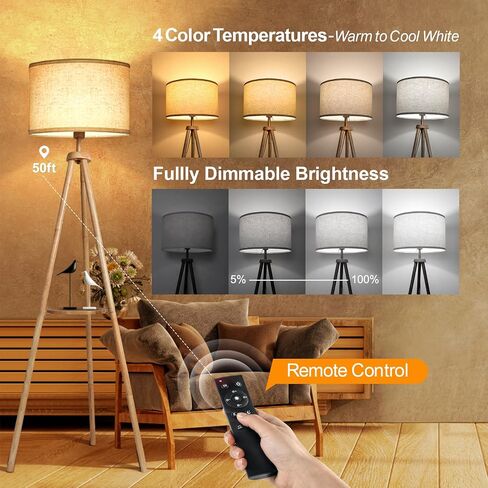 OUTON Wood Tripod Floor Lamp with Shelves, Mid Century Floor Lamp with Remote Control,4 Color Temperature, LED Modern Dimmable Standing Lamp with Beige Linen Shade for Living Room, Bedroom, Office in Saudi Arabia