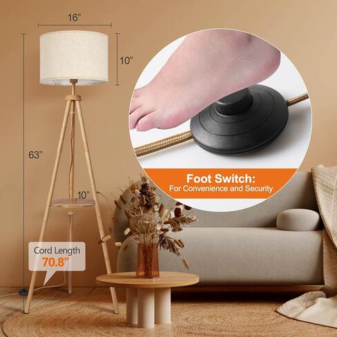 OUTON Wood Tripod Floor Lamp with Shelves, Mid Century Floor Lamp with Remote Control,4 Color Temperature, LED Modern Dimmable Standing Lamp with Beige Linen Shade for Living Room, Bedroom, Office in Saudi Arabia