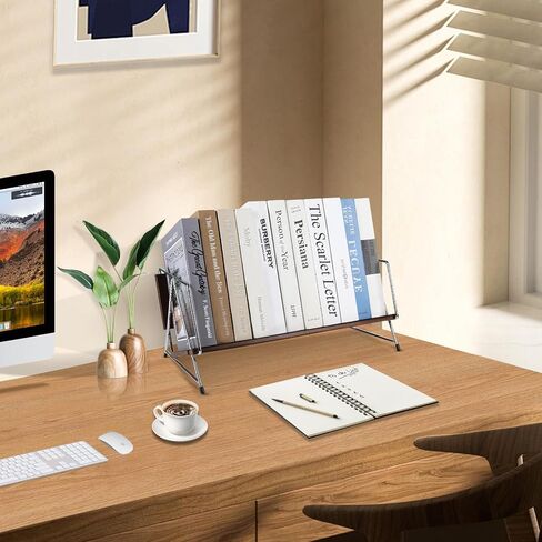 Wood Desktop Bookshelf, Tabletop Book Organizer Rack in Living Room/Home/Office, Tilting Bookcase for Books/CDs/Magazine Display (Brown) in Saudi Arabia