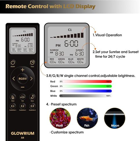 GLOWRIUM LED Aquarium Light with Remote, Full Spectrum Fish Tank Light with Auto Timer, IP67 Waterproof Freshwater Planted Tank Light, Dimmable RGB+W+Moon LEDs with High Performance (36W 48-53inch) in Saudi Arabia