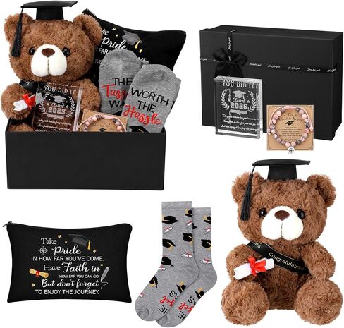 Baderke Graduation Gifts for Her 2025 Congrats Grad Gift Set Plush Bear Compass Bracelet Laser Engraved Acrylic Keepsake Novelty Socks Graduation Makeup Bag for Graduated Congratulations Gift(Black) in Saudi Arabia
