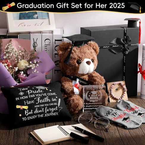 Baderke Graduation Gifts for Her 2025 Congrats Grad Gift Set Plush Bear Compass Bracelet Laser Engraved Acrylic Keepsake Novelty Socks Graduation Makeup Bag for Graduated Congratulations Gift(Black) in Saudi Arabia