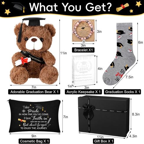 Baderke Graduation Gifts for Her 2025 Congrats Grad Gift Set Plush Bear Compass Bracelet Laser Engraved Acrylic Keepsake Novelty Socks Graduation Makeup Bag for Graduated Congratulations Gift(Black) in Saudi Arabia