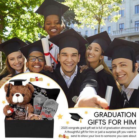 Baderke Graduation Gifts for Her 2025 Congrats Grad Gift Set Plush Bear Compass Bracelet Laser Engraved Acrylic Keepsake Novelty Socks Graduation Makeup Bag for Graduated Congratulations Gift(Black) in Saudi Arabia