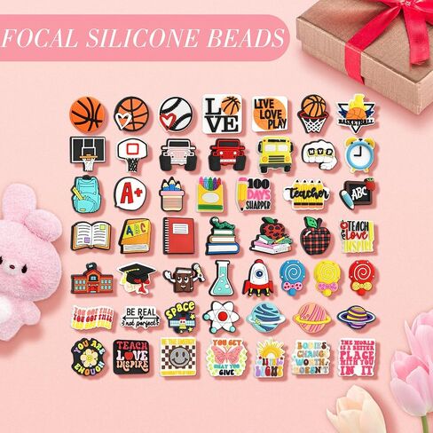 AryiHitt 50 Pcs Silicone Focal Beads Bulk for Pen Keychains Making Bracelet Necklace DIY（School） in Saudi Arabia